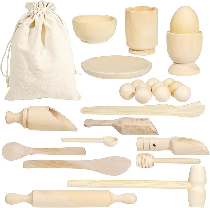 Hiawbon 25PCS Wooden Sensory Bin Tools, Wooden Tool Set, Sensory Bin Filler with Storage Bag, Bin Scoops Roller Tweezers Tongs Cups for Counting Sorting Hammering Pounding