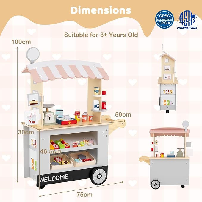 HONEY JOY Kids Food Cart, 30-Piece Toddler Pretend Play Grocery Store Playset w/Cash Register & Scale, Wooden Dessert Shop Play Market, Children Beverage Stand Cart w/Wheels, Gift for Boys Girls