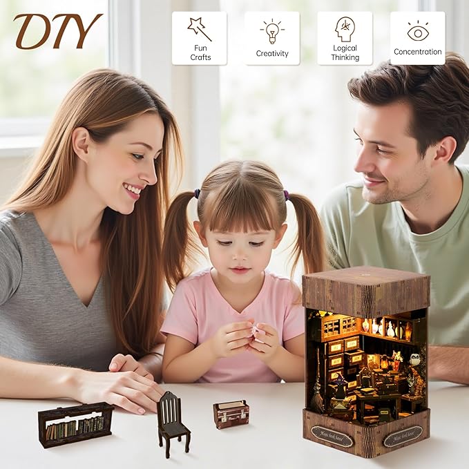 Book Nook Kit - DIY Enchanted Cottage Miniature House for Adults & Teens, 3D Wooden Puzzle Booknook with LED Lights, Bookshelf Insert Decor & Creative Model Building(Magic Bookstore)