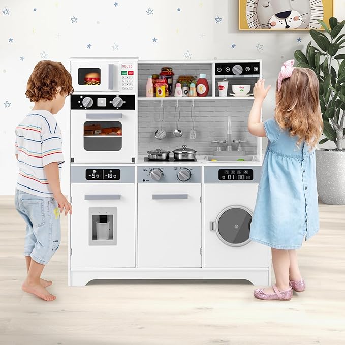 Costzon Kids Kitchen Playset, Wooden Toddler Play Set w/Real Lights & Sounds, Sink, Faucet, Water Dispenser, Microwave, Oven, Washing Machine, Little Chef Pretend Play Kitchen for Kids Ages 3+