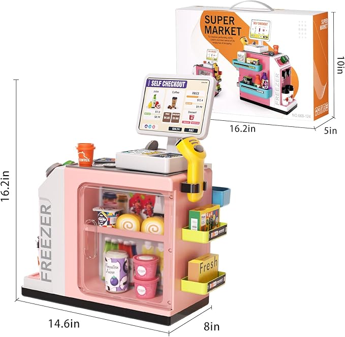 48-Piece Pretend Play Cash Register Toy Set for Kids with Water Outlet Function - Calculator, Shopping Bag, Scanners, Coffee Machine, Play Food - Gift for Boys and Girls Ages 3+(Pink)