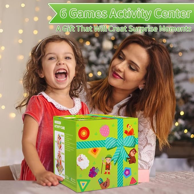 Toddler Wooden Activity Cube Toys, Montessori Toys for 1 2 3 Year Old Boy Girl, Educational Learning Toy for Toddlers 1-3 2-4 Years, Sensory Infant First 1st 2nd one two Christmas Birthday Gifts