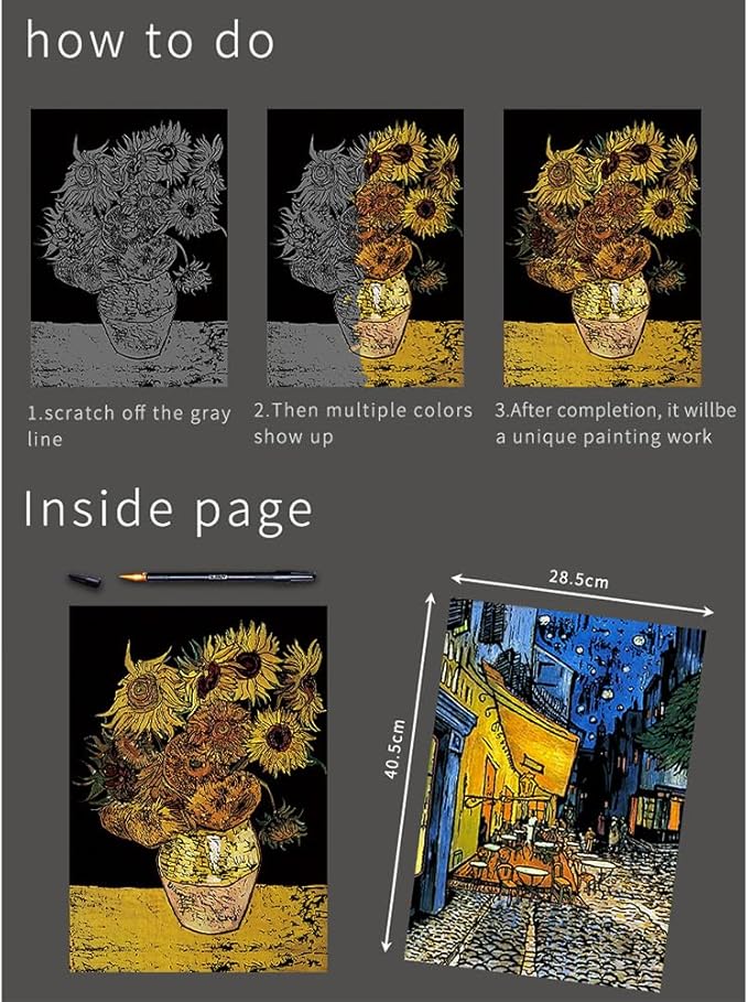 Scratch Art Painting Scratch Paper Rainbow Painting Sketch Pads DIY Art Craft Set, 4 Pcs Vincent Van Gogh Engraving and 24Pcs Classic Landmarks and Animal Series for Kids & Adults with 3 Tools