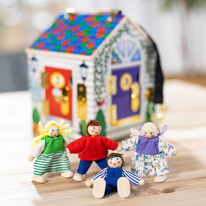 Melissa & Doug Take-Along Wooden Doorbell Dollhouse - Doorbell Sounds, Keys, 4 Poseable Wooden Dolls Portable Doll House, Doorbell House for Kids Ages 3+