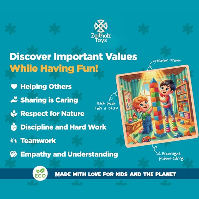 6 Educational Wooden Puzzles & Storybook, Teaches Kindness, Empathy & More ā 6 in 1 Jigsaw Puzzle for Kids Ages 3-7 ā Learn Real Values Through Stories ā Montessori Puzzle Set 25 Pieces