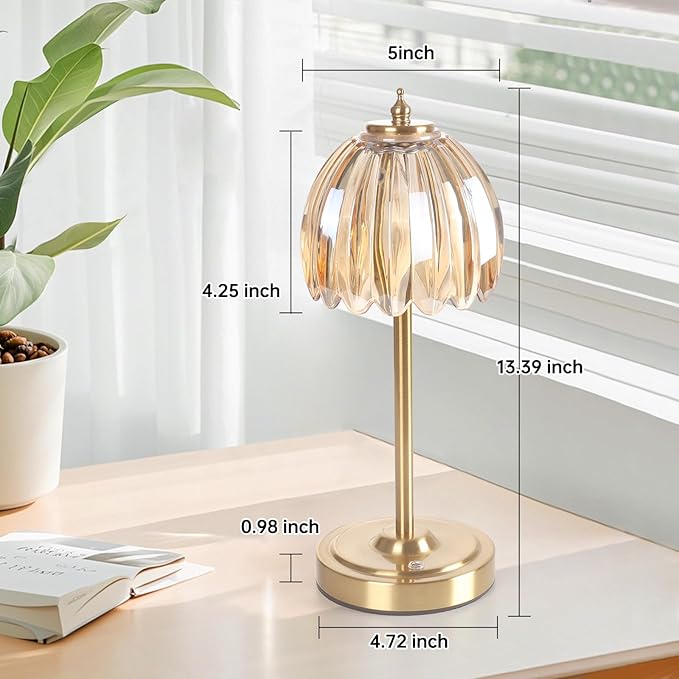 Cordless Small Table Lamp with 5000mAh Battery & Touch Control - 3 Adjustable Color Temperatures, Dimmable Rechargeable Table Lamps for Living Room, Bedroom, Desk, Nightstand (Amber Tulip)