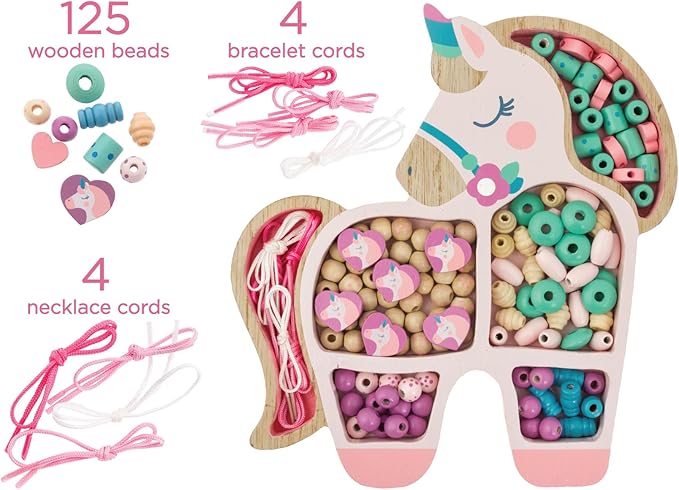Stephen Joseph, Wooden Holiday Bead Kit for Kids, 125 Wooden Beads with 4 Necklace and 4 Bracelet Cords with Reusable Wooden Tray, Premium Wood Jewelry Making Kit for Kids, Gingerbread House, SJ1070