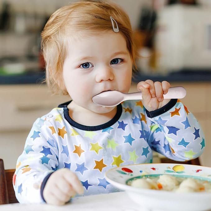 12 Pcs Kids Spoons and Forks Toddler Utensils Plastics Reusable Silverware Baby Cutlery Set Feeding Dinnerware Utensils BPA Free Microwave Dishwasher and Freezer Safe- White