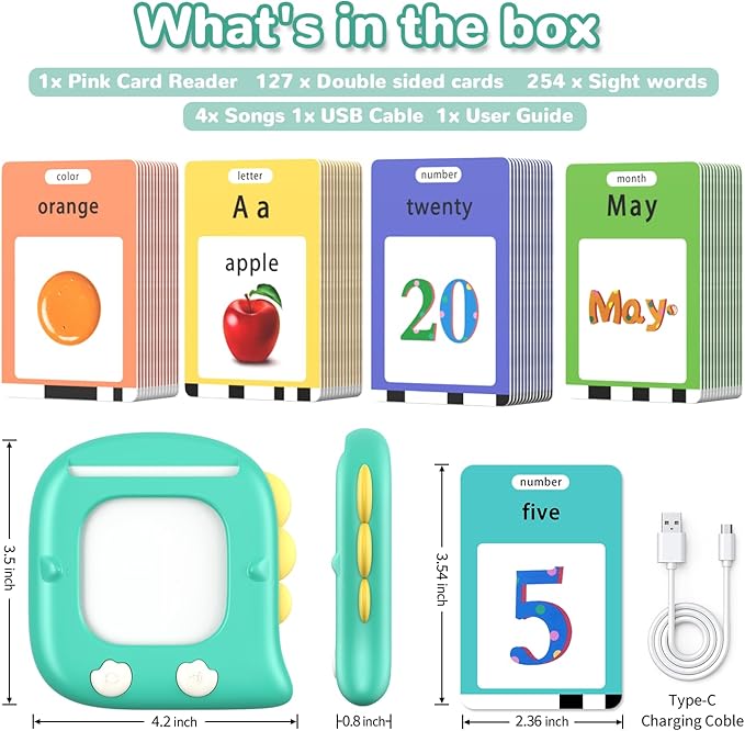 Kidzdo Dinosaur Talking Flashcards with 254 Words, Birthday Gifts for 2 3 4 5 6 Years Old Boys and Girls, Educational ABCs Learning Toy, Pocket Speech Language Therapy Toys for Autism Kids 1-6, Green
