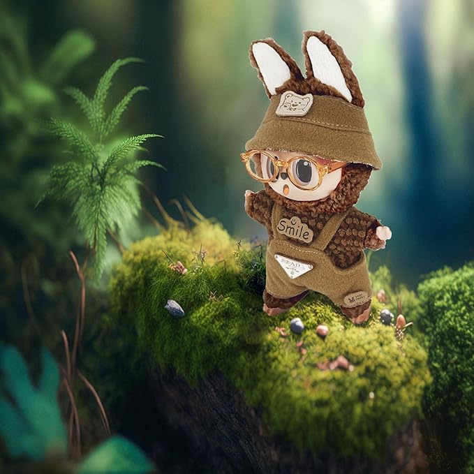 17cm Clothes Set (NO Doll) 5PC Set Hat Glasses Overalls for 17cm Accessories Suit, Doll Clothing for Trendy Blind Box,Cute Clothes for LBB Doll Dress up Unique Style,Free Combination (Tan)