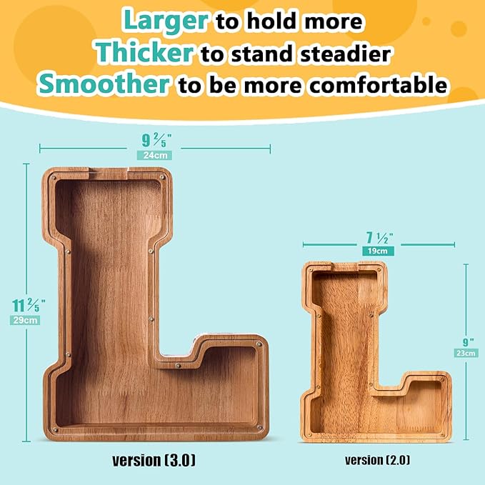 Summidate Customized Name Extra Large Wooden Piggy Bank for Kids Boys Girls Alphabets Letter A-Z Coins Bills Money Change Saving Box Clear Cover (Laser Engraved) Educational Toys 12"- Letter L