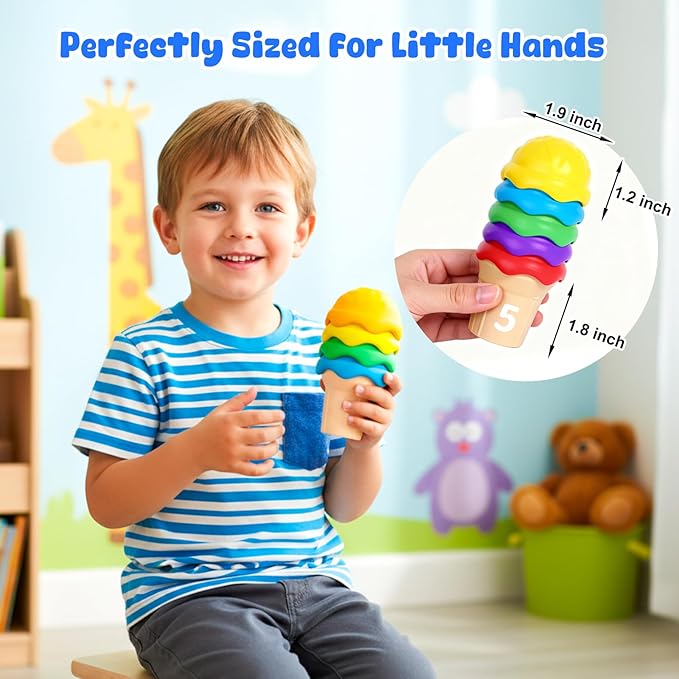 NEOROD Rainbow Ice Cream Counting Toy & Color Recognition Stacker,Sensory Math Manipulatives for Toddler Preschool Learning Activities, Fine Motor Skills Toy,Set of 42 Scoops,6 Cones, a Container.