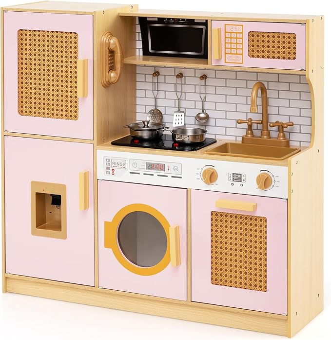 Costzon Kids Kitchen Playset, Wooden Play Kitchen w/Rattan Door, Realistic Lights & Sounds, Water Dispenser, Washing Machine, Cooking Accessories, Montessori Toy for Kids 3+ Year Old (Pink)
