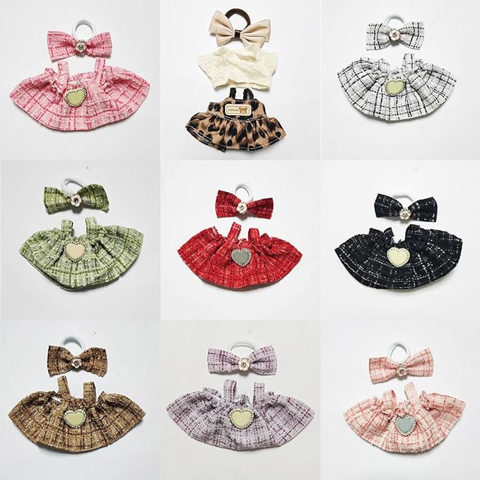 17cm Doll Clothes - Luxury Chic Style Set for 5.91-6.7“ (15-17cm) Dolls, Cute Premium Fashion Doll Outfit with Accessories -Light Brown Plaid Tweed Dress +Plaid Bow