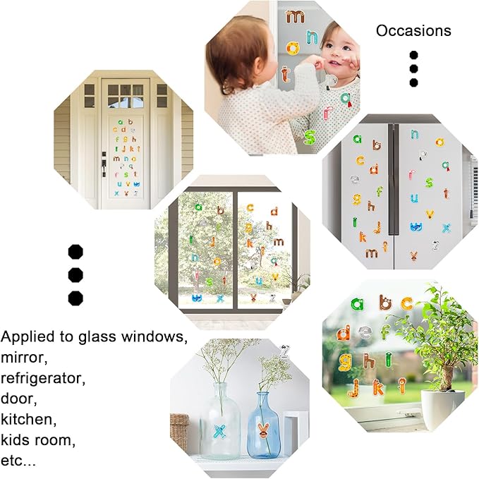 Whaline 52Pcs Alphabet Letters Thick Gel Clings Cute Animal Lowercase Letters Window Gel Decals for Educational Spelling Learning Home Classroom Nursery Decor, 2 Sheets