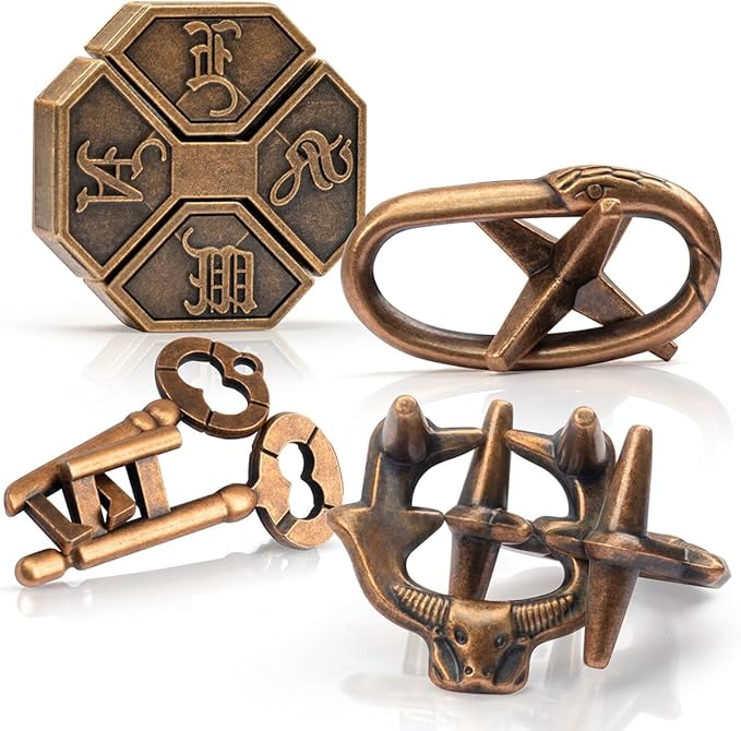 Fun Metal Brain Teaser Puzzle Games - 4 Pcs Adults Mind Travel 3D Toys -Teens IQ Insight Challenge - Logic Educational Gift(with Storage Case and Instructions)