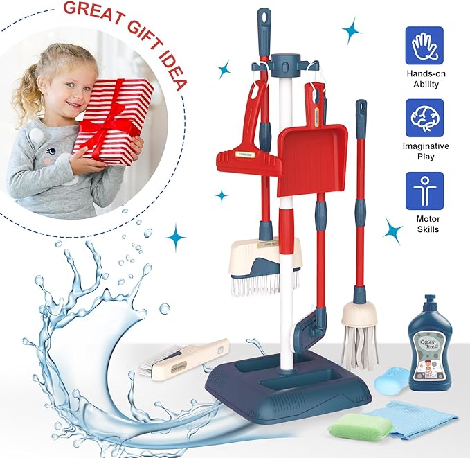 Jenilily Toddler Toys Cleaning Set, Kids Cleaning Toy Stand Set, Pretend Play Home Cleaning Tools Toys Playset,Broom, Dustpan, Mop, Duster