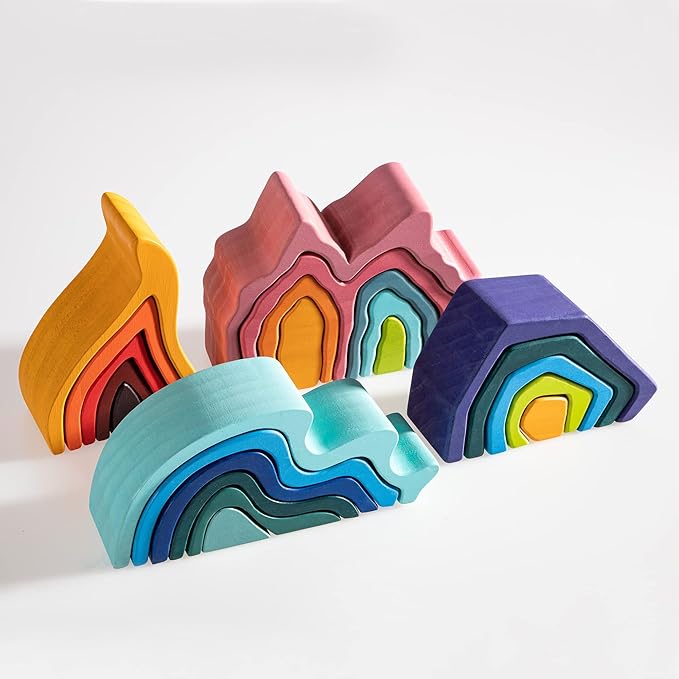 Wooden Rainbow Stacking Toy, Fire Elements Wooden Stacker, Various Shapes Nesting Stacking Blocks, Waldorf & Montessori Open-Ended Education Toy for Kids/Toddlers