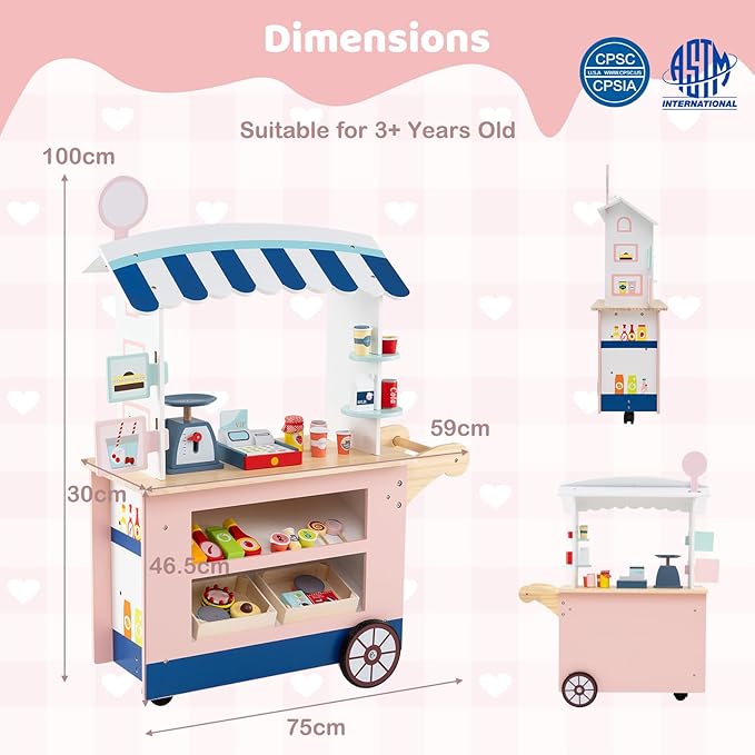 HONEY JOY Kids Food Cart, 30-Piece Toddler Pretend Play Grocery Store Playset w/Cash Register & Scale, Wooden Dessert Shop Play Market, Children Beverage Stand Cart w/Wheels, Gift for Boys Girls