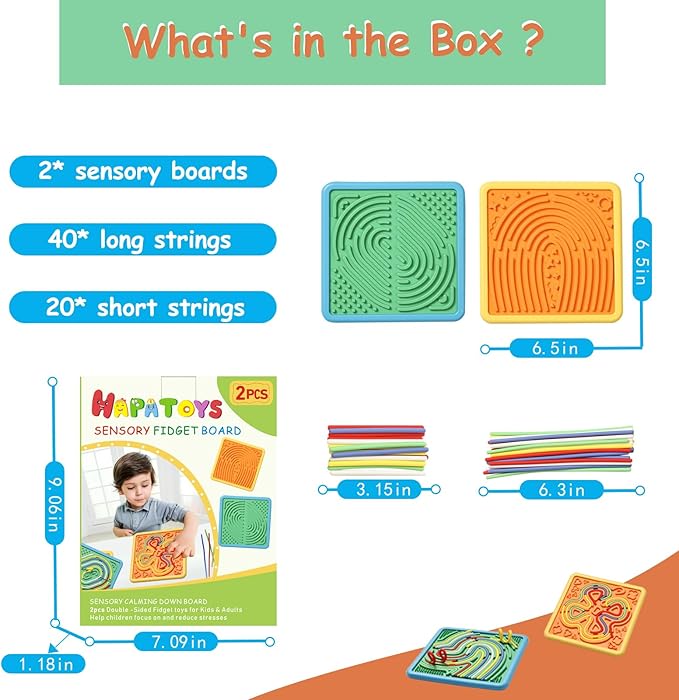 Sensory Activity Board for Kids & Adults:Double-Sided Stress Relif Sensory Board Toys with 40 Strings & Storage Bag | Quiet Fidget Board for ADHD & Autism Boys Girls Ages 3 4 5 6 7 8 9 10(2PCS