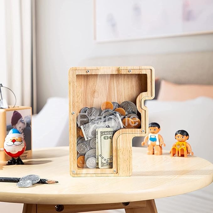 Twenty-six English Alphabet A-Z Letter Piggy Bank,Large-Capacity Transparent Wooden Alphabet Piggy Bank,Personalized Coin Savings Box, Name DIY Creative Purchase Combination.