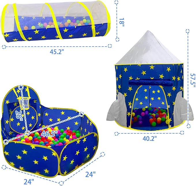 PigPigPen 3pc Kids Play Tent for Boys with Ball Pit, Crawl Tunnel, Princess Tents for Toddlers, Baby Space World Playhouse Toys, Boys Indoor& Outdoor Play House, Perfect Kid’s Gifts