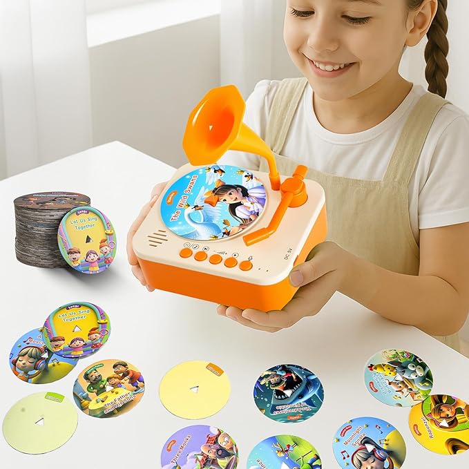 Kids Phonograph Toddler Record Player, with 96 Learning Cards, Early Education Machine Record Player Music Box Storyteller pop Speakers, Gift for Boys and Girls