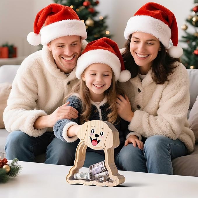 Wooden Dog Piggy Bank for Kids with Letter Stickers, Cute Labrador Large Money Box for Boys, Girls, Wooden Coin Bank, Piggy Money Jar Personalizable Gift, Educational Toy for Kids