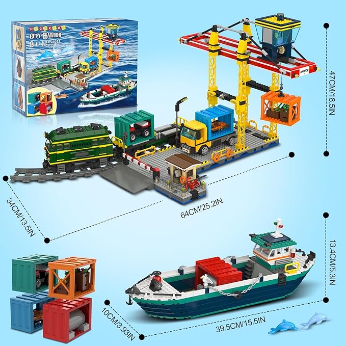 HOGOKIDS City Wharf Building Set with Crane - Includes Ship Train Truck, 4 Containers with Cargo Harbor Building Blocks | Large Construction Toy for for Adults Teens Kids Girls Boys 6-14+(1373PCS)