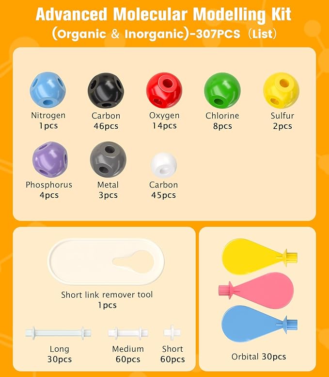 Organic Chemistry Model Kit with P Orbitals-307 PCS,Portable Molecular Model Kit for Chemistry Classes,Atomic Element Model Set for Organic&Inorganic Learning,Supply to Students & Teachers