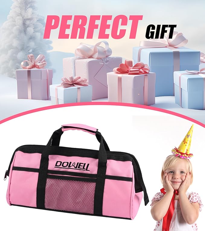 DOWELL 14 Pieces Kids Real Tools Pink Tool Set,Tool Kit with Storage Bag for Boys, Girls, Children DIY Building and Woodworking, Age 8+