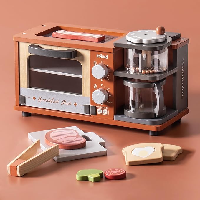 ROBUD Toddler Kitchen Playset - Wooden Breakfast Set with Coffee Maker, Toaster, Griddle, Play Food - Realistic Pretend Play Kitchen Appliance and Accessories for Kids Ages 3+ Boys and Girls (Caramel)