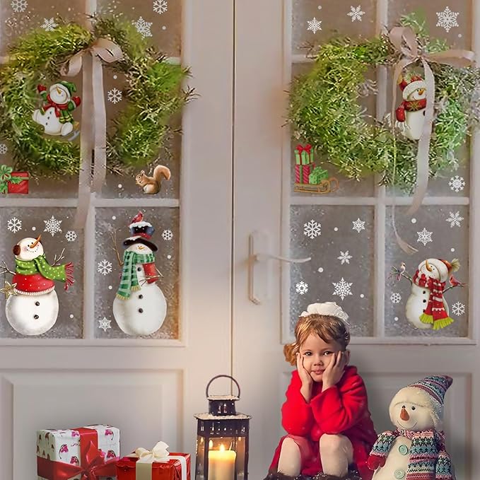 Christmas Window Clings,Snowflake Stickers,Snowman Decals,Stickers for Windows Glass,Winter Window Cling,Christmas Decorations Holiday