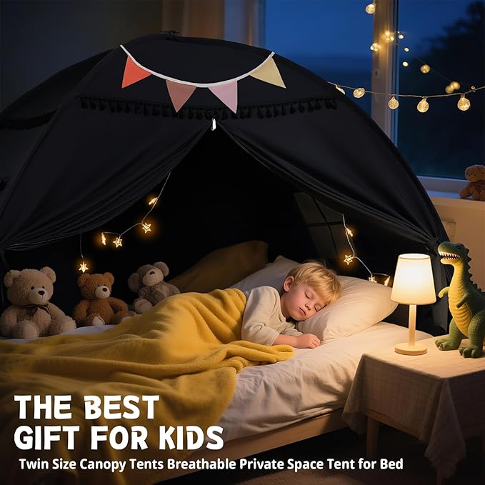 Sumbababy Full Size Bed Tent Canopy: Lights & Flags Indoor Floor Bed Kids Tent Playhouse - Space Blackout Sleeping Tents Indoor Breathable Portable Cottage Drafty Room Floor (Large Black)