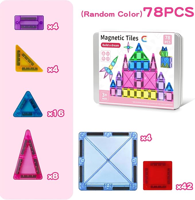 78PCS Magnetic Tiles Mini Travel Kids Set, Learning Sensory Toys,Preschool Classroom Magnetic Blocks Building Kids Toys & Games, for 3-8 Year Boys Girls Birthday Gift