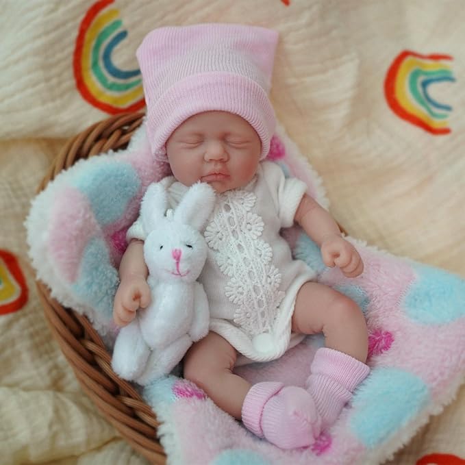 7 inch Full Body Silicone Baby Dolls ,Mini Realistic Newborn Baby Doll Real Life Miniature Baby Doll with Feeding Accessories