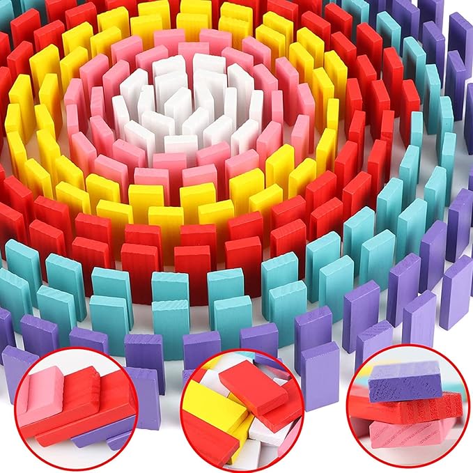 1000 PCS Dominoes Set for Kids with Extra 11 Blocks, Wooden Building Blocks 10 Colors Dominoes Racing Tile Games Educational Toy for Kids Birthday Party with Storage Bag