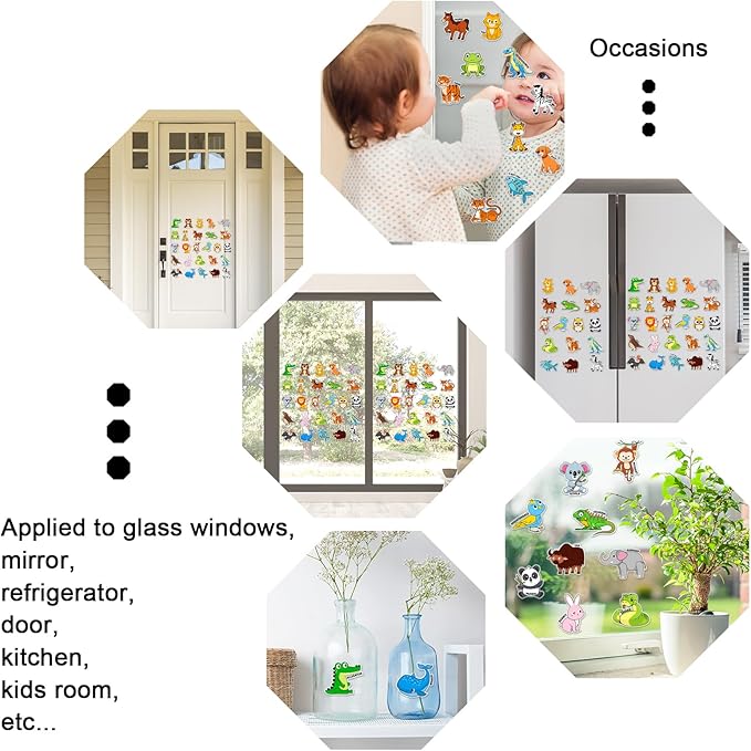 Whaline 2 Sheets Animal Alphabet Thick Gel Clings Cute Cartoon 26 A-Z Letters Animal Reusable Window Decals for Educational Spelling Learning Home Classroom Nursery Decor