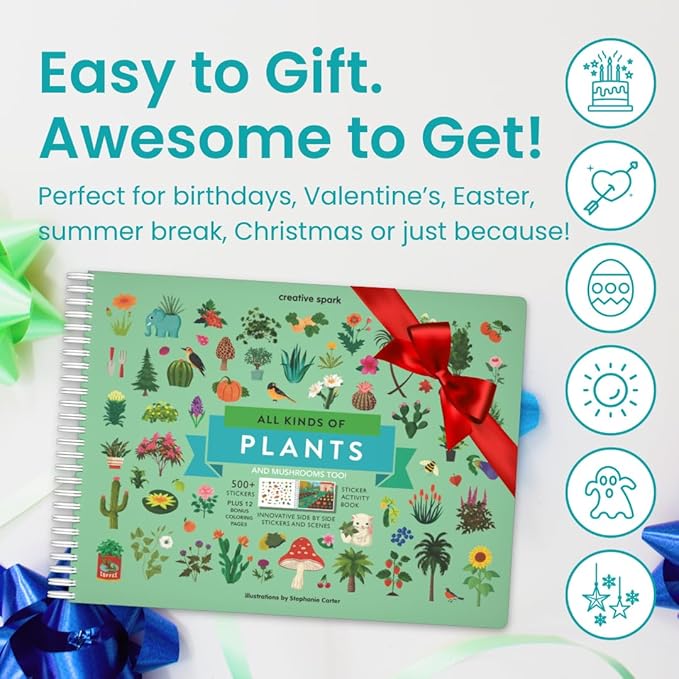 Cupkin Plants and Mushroom Sticker Book Activity for Kids, Toddler Airplane Travel Essentials, 500+ Nature Stickers for Kids + 12 Scenes + 12 Coloring Book Pages, Childrens Crafts for Ages 2-8