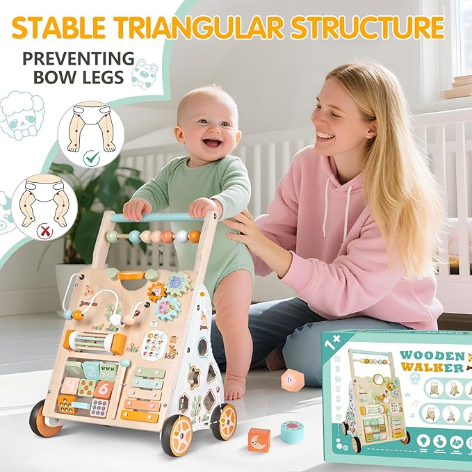 Wooden Baby Walker with Wheels, Push Walker with Baby Activity Center, Montessori Walking Toy for 1 Year Old Girls Boys, Ajustable Speed & Height Activity Toy for Toddler Learning to Walk 12+ Months