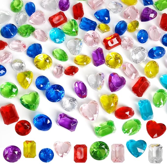 HappyFiller 82 pcs of Faux Acrylic Diamond,5 Sizes × 8 Colors Gems Treasure Gemstone Set Include Pirate Treasure Box Collection,Pool Scavenger Hunt Diving Jewels,Tabletop Decor,Party Favors