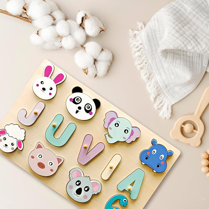 Personalized Name Puzzle for Toddlers - Custom Wooden Jigsaw Puzzles with Animals, Montessori Learning Toys, Baby Birthday Gift for 1, 2, 3 Year Old Boy or Girl (Name Puzzle-03)