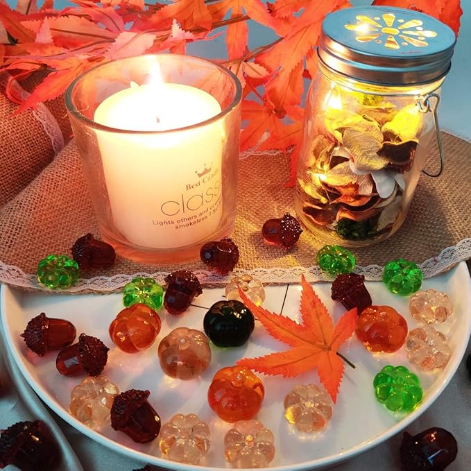 HappyFiller Fall Vase Filler Decorative Acrylic Pumpkin Squirrel Acorn Leaves Gems 7 Styles 90 PCS for Party Table Scatters,Harvest Thanksgiving Decoration,Home Decor Accents,Sensory Bin Fillers