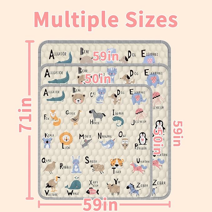 Baby Play Mat for Floor 59x71, Extra Large Soft Portable, Non-Slip Crawling Mat Machine Washable Foldable Playmate for Babies,Toddlers Indoor/Outdoor Use, Alphabet & Animal Design
