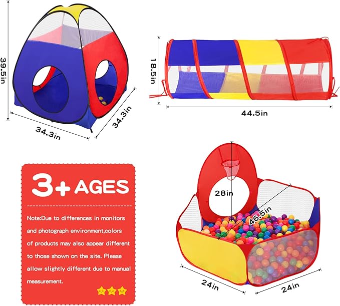 3 in 1 Kids Play Tent for Toddler with Baby Ball Pit and Play Tunnel, Children Indoor Outdoor Playhouse with Climbing Tunnel Toy for Toddlers, Boys and Girls Best Birthday Gifts(No Balls)