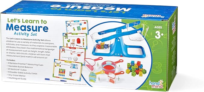 hand2mind Let's Learn to Measure Activity Set, Kids Measuring Cups, Bucket Balance, MathLink Cubes and Activity Cards Set, Teacher Supplies, Classroom Supplies, Preschool Learning, Toddler Learning