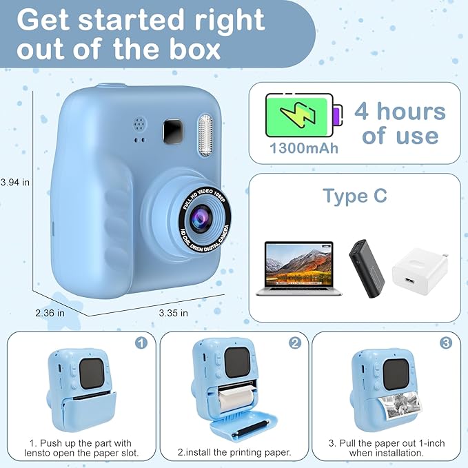 Kids Instant Print Camera, 1080P HD Kids Camera Instant Print, Includes 32GB SD Card, Adapter & 4 Zink Paper Rolls, Best Christmas or Birthday Gift for Girls Boys Age 3-12(Blue)
