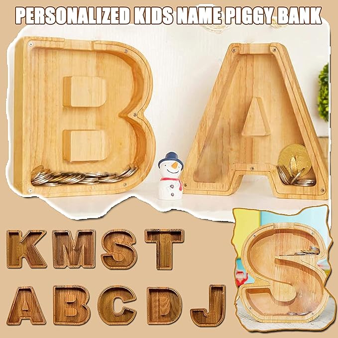 Twenty-six English Alphabet A-Z Letter Piggy Bank,Large-Capacity Transparent Wooden Alphabet Piggy Bank,Personalized Coin Savings Box, Name DIY Creative Purchase Combination.