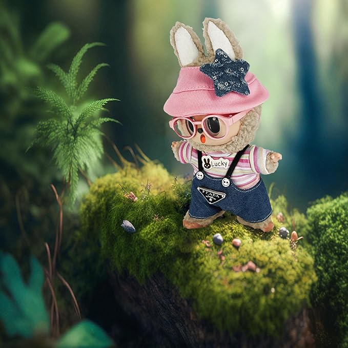17cm Clothes Set (NO Doll) 4PC Set Hat Glasses Overalls for 17cm Accessories Suit, Doll Clothing for Trendy Blind Box,Cute Clothes for LBB Doll Dress up Unique Style,Free Combination (Pink)