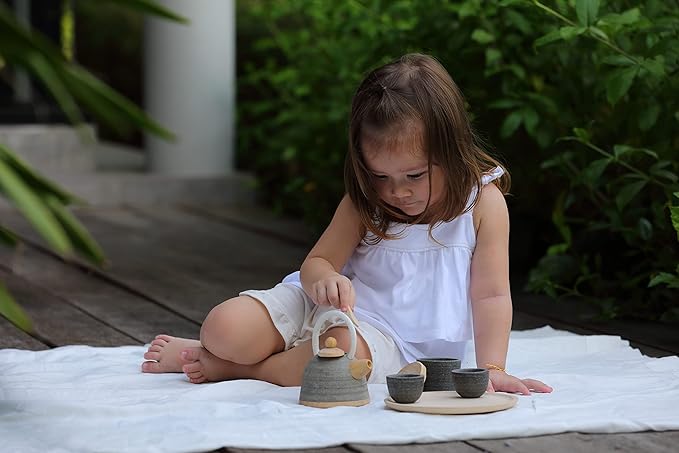 PlanToys Wooden Classic Styled Tea Party Set for a Pretend Play Tea Party (3617) | Sustainably Made from Rubberwood and Non-Toxic Paints and Dyes | Eco-Friendly PlanWood